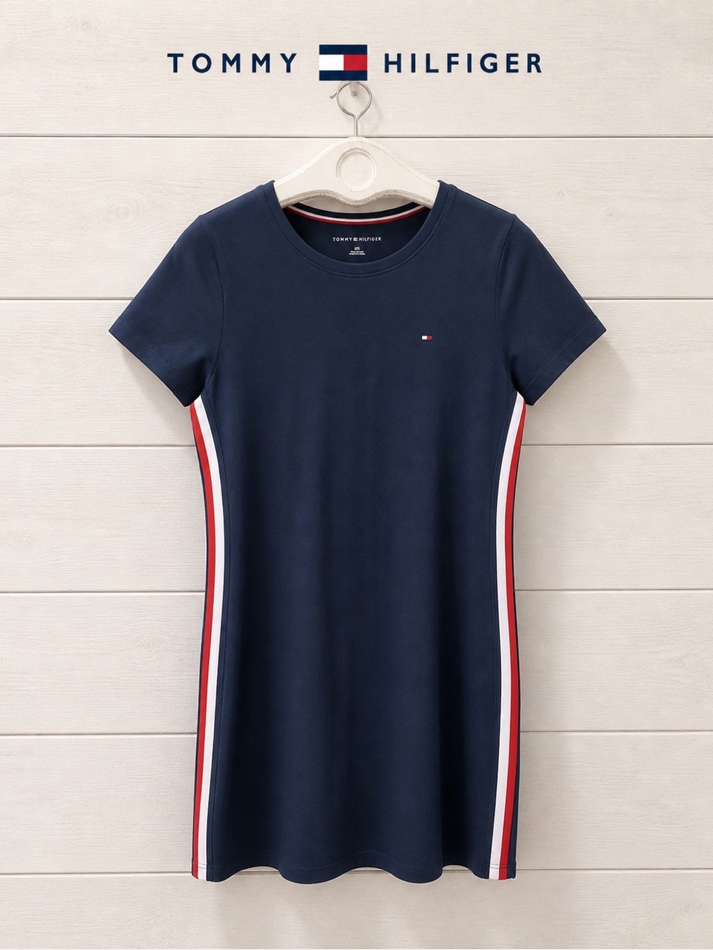 TOMMY HILFIGER – Navy T-Shirt Dress with Side Stripes – Size S